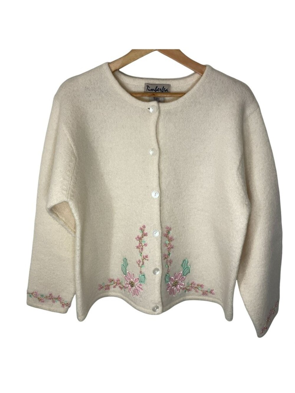 Vintage Timberlea Womens Wool Sweater L Cream Embroidered Floral Cottage Granny